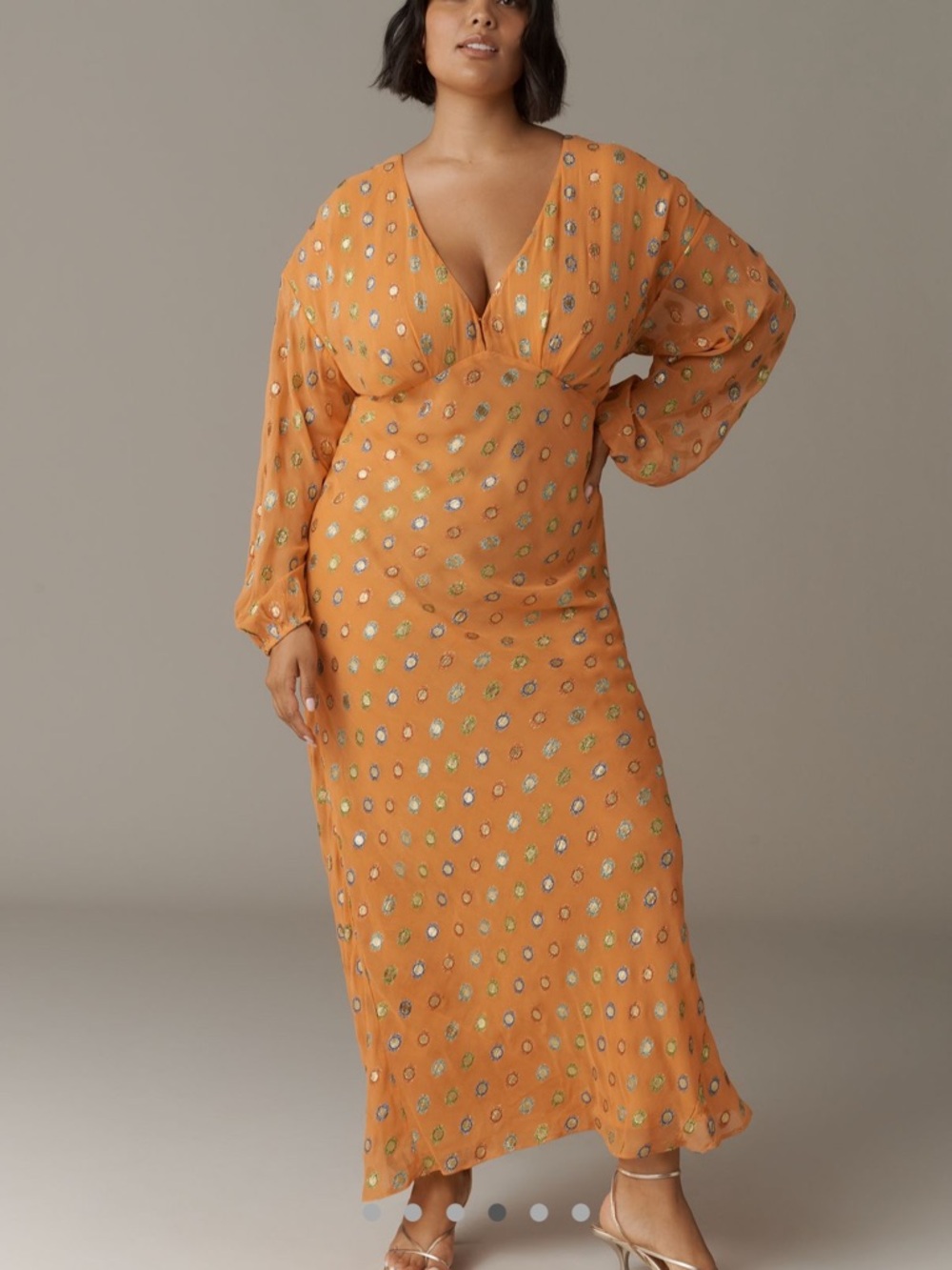 Never Fully Dressed Orange Metallic Dot Maxi Dress